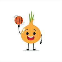 schattig en grappig ui Speel basketbal. groente aan het doen geschiktheid of sport- opdrachten. gelukkig karakter werken uit vector illustratie.
