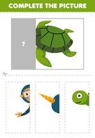 onderwijs spel voor kinderen besnoeiing en compleet de correct afbeelding van schattig tekenfilm schildpad afdrukbare onderwater- werkblad vector