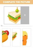 onderwijs spel voor kinderen besnoeiing en compleet de correct afbeelding van schattig tekenfilm belegd broodje afdrukbare voedsel werkblad vector