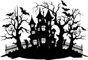 vector halloween kasteel landschap. zwart kasteel sillhouette. kasteel sillhouette met vogelstand en bomen vector illustratie Aan wit achtergrond.