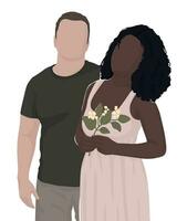 paar in liefde, wit Mens en zwart vrouw staan kant door kant. meisje Holding bloemen. vector modern vlak illustraties. geïsoleerd in lagen. voor ansichtkaart, poster, banier, tijdschrift of boek omslag.