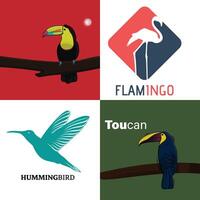 verzameling van vliegend vogelstand vector illustratie. neuriën vogels, iconisch flamingo en toekan vogel reeks logo ontwerp.