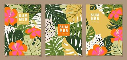 tropisch sjabloon reeks voor poster, kaart, omslag, label, banier in modern minimalistische stijl en gemakkelijk zomer ontwerp Sjablonen met tropisch bladeren, bloem, en planten. vector