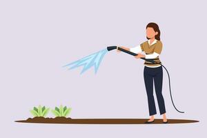 gelukkig vrouw zorgzaam over interieur ingemaakt planten. huis tuinieren en groeit kamerplanten concept. gekleurde vlak vector illustratie geïsoleerd.