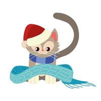 kerstmis, kleine kat met sjaal en muts dierenviering vector