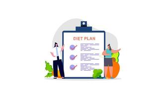 eetpatroon plan checklist illustratie. mensen aan het doen oefening, opleiding en planning eetpatroon met fruit en groente. vector