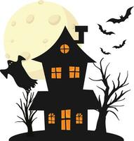 vector zwart halloween huis met geest en boom met maan. schattig halloween kaart