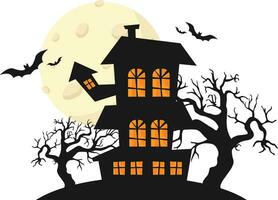 vector zwart halloween huis met vleermuizen en boom met maan. schattig halloween kaart