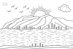 hand getekend lijn kunst landschap berg visie, met zon en wolken, onder de rivier, wild strand zonsondergang en zonsopkomst schets golven natuur visie, meer lijn tekening eiland heuvels, kinderen tekening kleur bladzijde vector