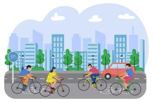 milieuvriendelijk vriendelijk stad. fiets rijbaan. mensen rijden fietsen. vector