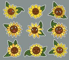 reeks van kawaii zonnebloemen stickers. vector