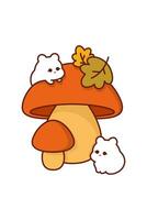 herfst kawaii champignons met schattig karakters. vector herfst kawaii clip art illustratie van schattig champignons omringd door charmant tekens en herfst bladeren, reeks Aan een geïsoleerd uitknippen achtergrond.