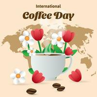 Internationale koffie dag achtergrond met koffie beker, bloemen en wereld kaart. vector illustratie