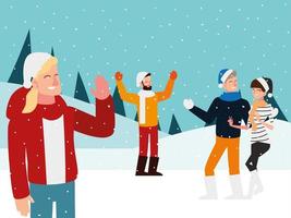 kerstmensen vieren in het ontwerp van het sneeuwlandschap vector
