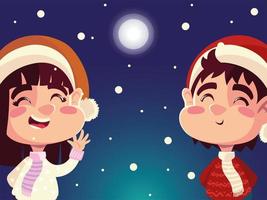 Kerstmis gelukkige jongen en meisje met kerstmutsen in de nacht vector