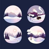 winterlandschap in ronde pictogrammen, plattelandshuisje in de bergen en bos vector