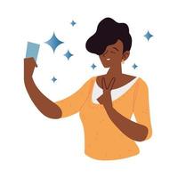 Afro-Amerikaanse vrouw die smartphone gebruikt, maakt een selfie vector