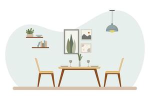 dining kamer interieur, modern vlak ontwerp, tafel en stoelen, platen, wijn bril, vaas, lamp, plant, knus vector illustratie