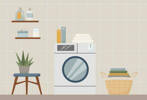 wasserij kamer interieur, het wassen machine, mand, kleren, plant, houten planken, het wassen poeder, vlak stijl, vector illustratie