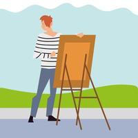 jonge man schilderen met canvas in het park vector