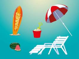 zomervakantie reizen, paraplu surfplank emmer ligstoel en watermeloen pictogrammen vector
