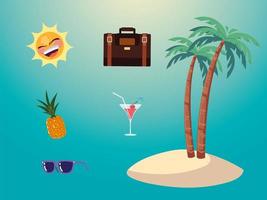 zomervakantie reizen, eiland palmen ananas zonnebril koffer en zon vector