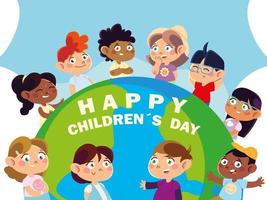 kinderdag, wenskaart met gelukkige kinderen en wereld vector