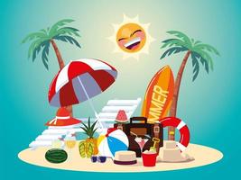 zomervakantie reizen, tropische planten en strandbal paraplu tas cocktail en meer vector