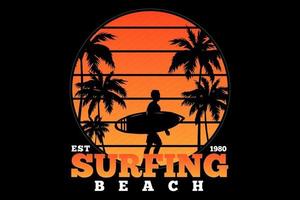 t-shirt surfen strand zonsondergang retro stijl vector