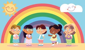 kinderdag, vrolijke kleine meisjes en regenboogdecoratie vector