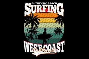 t-shirt surfen authentiek strand westkust californië retro stijl vector