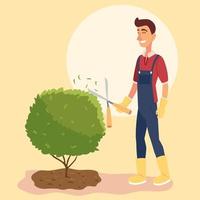 tuinman man cartoon met algemene tang en struik vector design