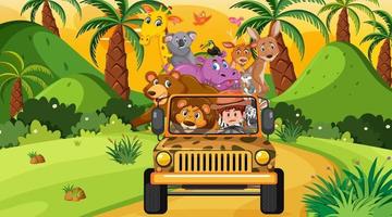 safariconcept met wilde dieren in de jeepauto vector