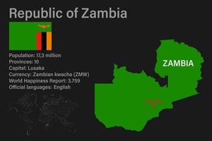 zeer gedetailleerde kaart van zambia met vlag, hoofdstad en kleine wereldkaart vector