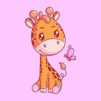 schattig giraffe zittend met vlinder in tekenfilm stijl vector