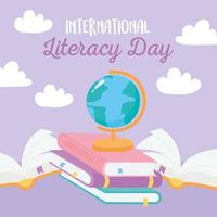 internationale alfabetiseringsdag, schoolboeken kaart literatuurkennis vector