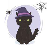 happy halloween, zwarte kat met hoed spinnenweb, trick or treat feestviering vector