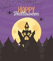 happy halloween, night moon vleermuizen kasteel en bos trick or treat feestviering vector