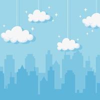 stadsgezicht hangende wolken ster s scène blauwe achtergrond vector