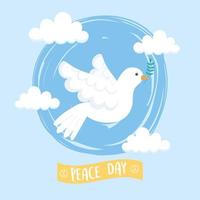 internationale vredesdag witte duif met tak vliegende lucht wolken