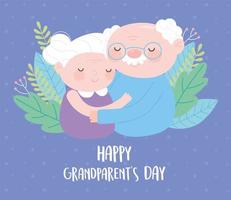 gelukkige grootoudersdag, bejaarde echtpaar met bladeren botanische cartoonkaart vector