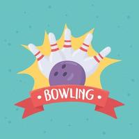 bowling pinnen en bal kampioenschap spel recreatieve sport label plat ontwerp vector