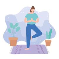 vrouw die yoga beoefent vrksasana pose-oefeningen, gezonde levensstijl, fysieke en spirituele oefening vector