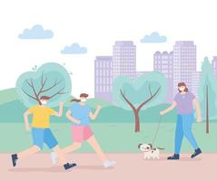 mensen met medisch gezichtsmasker, rennende mensen en vrouw die met hond in park loopt, stadsactiviteit tijdens coronavirus vector