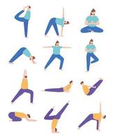 mensen die yoga beoefenen verschillende pose-oefeningen, gezonde levensstijl, fysieke en spirituele oefenset vector