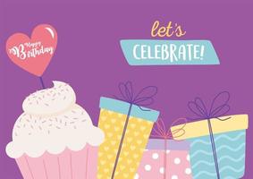 gelukkige verjaardag, geschenkdozen en zoete cupcake liefde decoratie feest feest vector