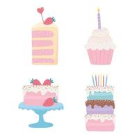 gelukkige verjaardag, zoete taarten cupcake fruit kaarsen decoratie viering feest feestelijke pictogrammen set vector