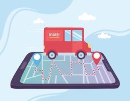 online bezorgservice, vrachtwagen op app smartphone snel en gratis transport, verzending van de bestelling, website vector