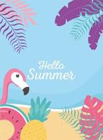 flamingo float ananas strand exotische tropische bladeren, hallo zomer belettering vector