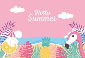 flamingo ananas cocktail strand zee exotische tropische bladeren, hallo zomer belettering vector